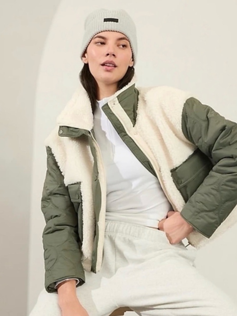 Athleta Sherpa-Trim Quilted Jacket in Olive & Cream